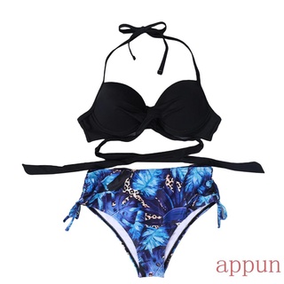 Appun-2 piezas traje de baño, mujer de Color sólido Bikini Tops+impresión Floral Bikini bragas, negro, S/M/L