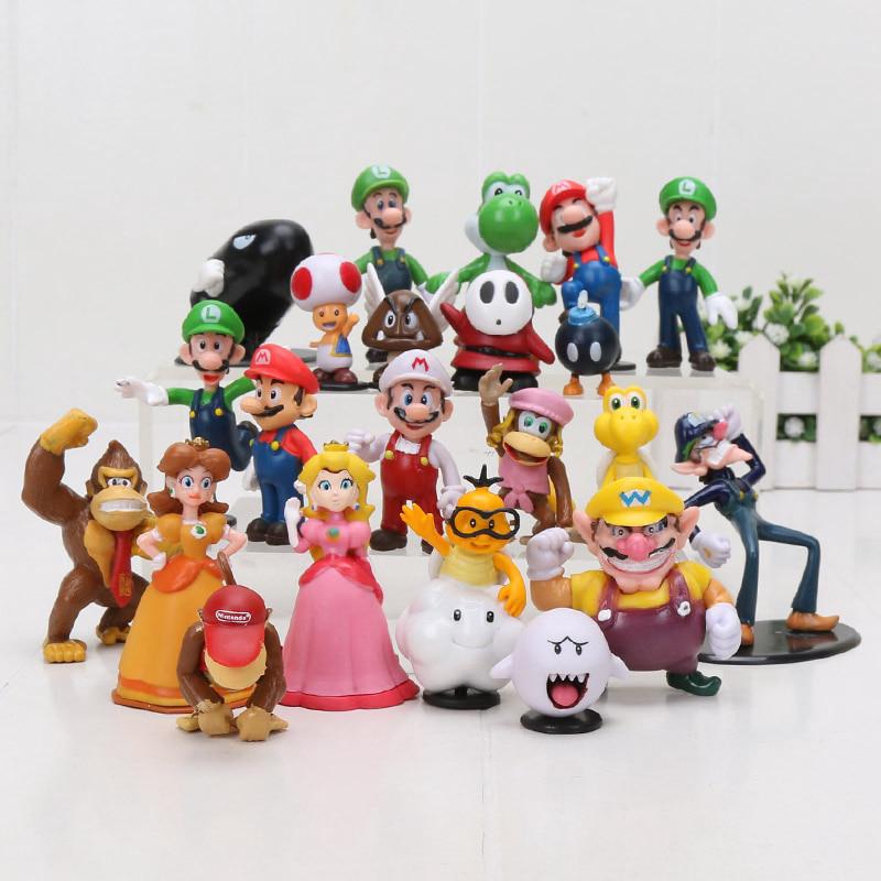 22 unids/set Super Mario Bros Luigi Wario Waluigi Toad Bowser Yoshi Peach Daisy Goomba Koopa PVC figuras juguetes