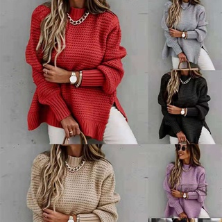 Winter Sweaters for Women Long Sleeve Knit Pullover Sweater Knitted Solid Color Casual Split Top