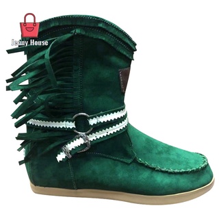 Estilo roma de las mujeres étnicas botas de tobillo de invierno de gamuza borla corta bota plana Fringe plisado zapatos