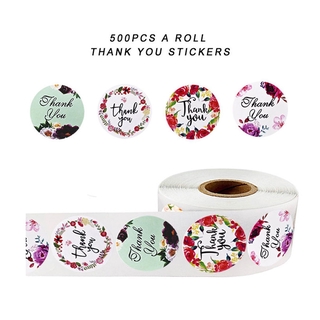 Rollo de 500 stickers redondos diseño floral de agradecimiento