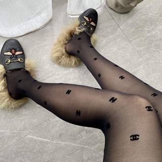 【New】European and American Style High-End Women's Chanel Letter Flocking Pantyhose Stockings Pantyhose Black and White