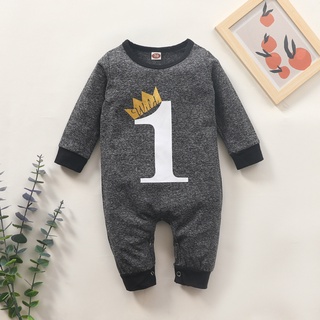 ╭trendywill╮Newborn Infant Baby Boys Long Sleeve Crown Letter Romper Jumpsuit Clothes