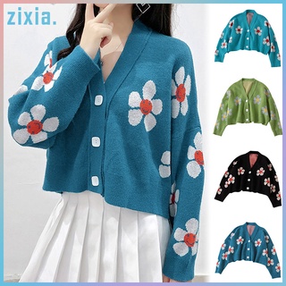 Women Lady Floral V Neck Cardigans Sweater Knitting Long Sleeve for Autumn