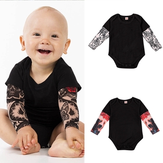 Newborn Baby Boys Girls Long Sleeve Patchwork Tattoo Romper Bodysuit Clothes (1)