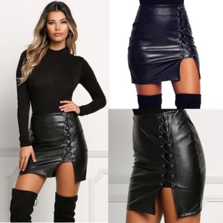 Women 's Black Bandage Leather Hem Split Skirt High Waist Pants