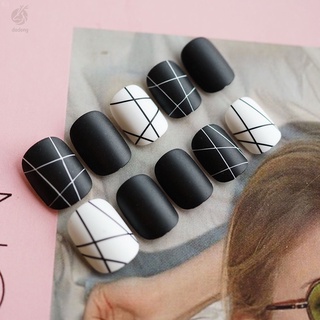 Pegatinas de uñas postizas brillantes blanco y negro pegatinas de uñas acabadas 24 pegatinas de uñas con pegamento (6)
