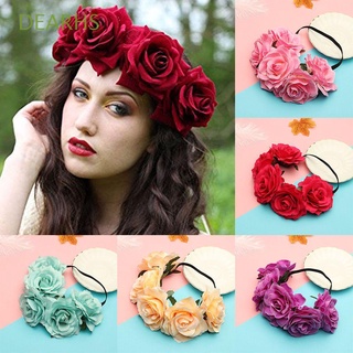 DEARHS Moda Diadema elastica de corona Damas Headwear nupcial Rose Flower Garland Mujeres Accesorios para el cabello Bohemia Parte Vincha de boda