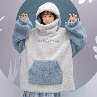 Ll5-suéter con capucha de manga larga Casual para mujer/sudadera de felpa suelta con diseño de tiburón de dibujos animados