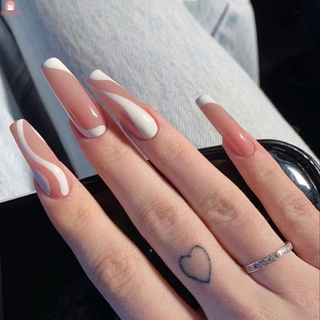 24pcs rayas impreso parche de uñas tipo pegamento extraíble párrafo largo moda manicura wearable uñas postizas parche