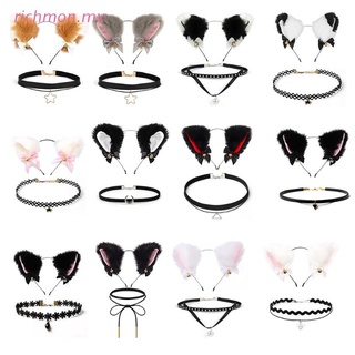richmo Girls Cat Ears Headband with Bells Choker Collar Set for Party Halloween Supply