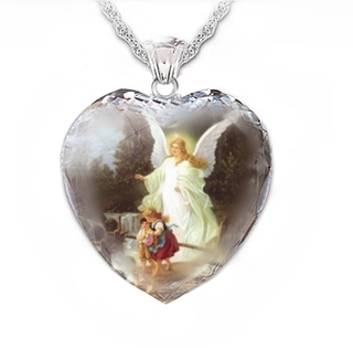 Collar de piedras preciosas de aleación y Artificial de moda religiosa para mujer con forma de corazón/collar con pendiente de angelito lindo y cristiano