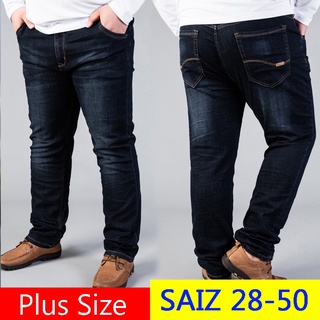 [jeans] Pantalones vaqueros grandes más tamaño Saiz Besar 50 [50] pantalón de mezclilla Panjang Slack corte recto Terbaru Kasual hombres Jeans pantalones elásticos