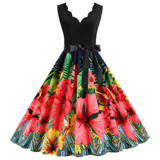 Women Vintage Sleeveless Printed 1950s Housewife Evening Party Prom Dress (1)