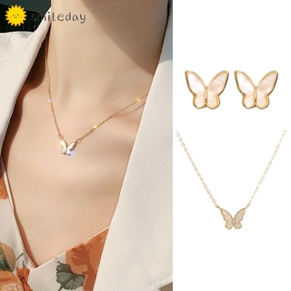 Coreano mariposa elegante collar pendientes conjunto de joyería Simple cadena 925 plata Stud pendientes mujeres niñas accesorios