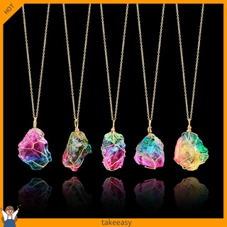 Rainbow Color Natural Stone Rock Pendant Necklace Chain Women Party Jewelry Gift