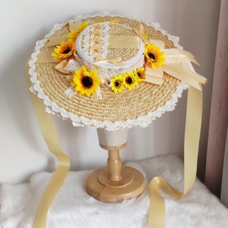 augetyi8bo Lolita Flat Top Hat Sweet Sunflower Straw Hat Elegant Bow Lace Hat Headwear (6)