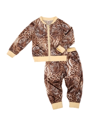 ❆❀✯Kid´s Clothes 2 Piece Set, Leopard Pattern Print Long Sleeve Zipper Jacket
