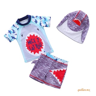 Conjunto de ropa de natación de tres piezas para niños, cuello redondo azul, manga corta