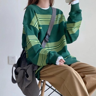 Suéter delgado cuello redondo de las mujeres suéter otoño Retro rayas de manga larga sudadera (4)