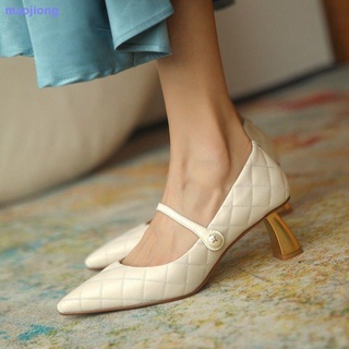Hepburn Mary Jane zapatos de las mujeres retro tacón medio casual perla solo zapatos minimalista punta tacón alto todo-partido cuero suave