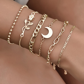 6 unids/set boho oro luna rosa flor chram pulseras conjunto de moda multicapa cuentas pulseras para mujeres accesorios de joyería