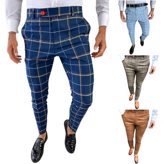 [Disponible En Inventario] Pantalones Ajustados Con Estampado A Cuadros Casuales Con Cremallera/Cintura Elástica Para Hombre