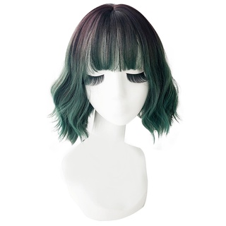 Short Curly Wavy Wig Natural 17inch Gradient Wig with Bangs for Cosplay Party Daily Use Green