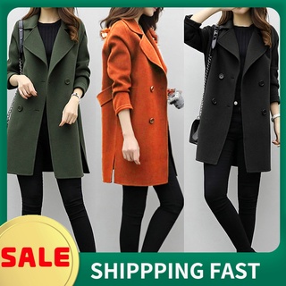 denchenyi.mx Women Autumn Winter Solid Color Lapel Double-breasted Woolen Midi Trench Coat