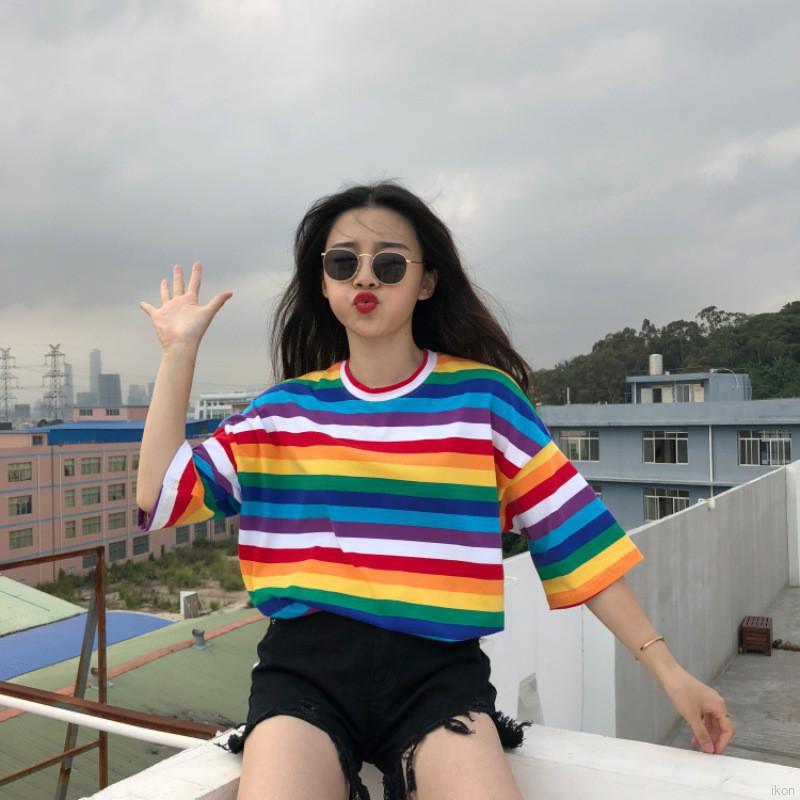 INS Hot Sale【Ready Stock】Rainbow Color Women Causal Loose TShirt Tops (2)