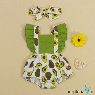 Purp-2 piezas trajes de verano recién nacidos, bebé niñas aguacate/fresa/maíz impresión mosca manga cuello cuadrado mameluco + diadema Bowknot (1)