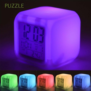 PUZZLE blanco despertador termómetro pantalla LED relojes cuadrados portátil regalos de los niños multifuncional colorido decoloración Digital (1)