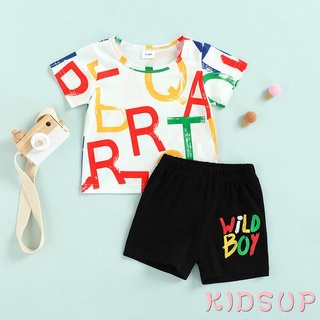 KIDSUP-Niño Niños Verano Traje Conjuntos De Manga Corta Letra Impresión Camiseta + Negro Casual Pantalones Cortos