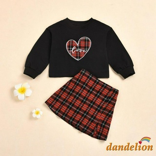 Dandelion-Conjunto De ropa negra y roja Para niños con estampado De corazón+falda a cuadros Para Primavera/día De san valentín (1)