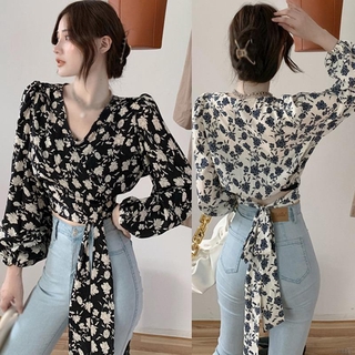 Women Floral Print V Neck Sexy Lace Long Sleeves Chiffon Shirts Tops Blouse Korean Top Crop Top
