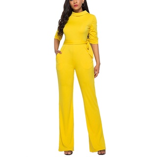 Women Solid Color Wide Leg Jumpsuit Jumper Stand Collar Half Sleeve Rompers Summer Beach Holiday