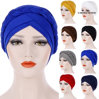 sw_ moda color sólido trenza hiyab turbante cabeza envoltura sombrero gorra