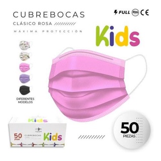 caja de cubrebocas tricapa rosa para niña con 50 pz
