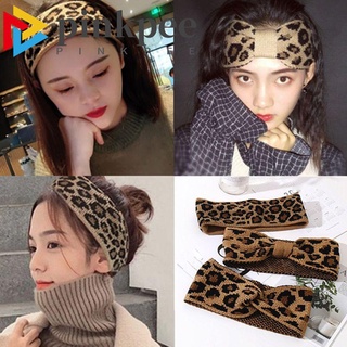 pinkpee ancho bowknot turbante moda ganchillo cabeza envoltura leopardo headwear mujeres invierno caliente nuevo cabello peinado de punto diadema