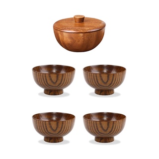 1x Kitchen Wooden Practical Rice Bowl Seasoning Bowl & 4x Wood Bowl Japanese Style Solid Wood Bowl Serving Tableware