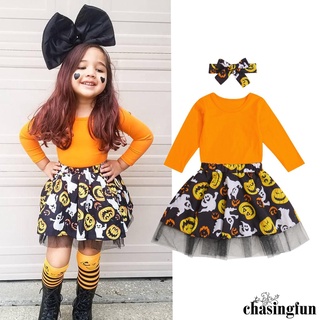 Chf-kids traje conjunto, Halloween Color sólido O-cuello de manga larga Tops+falda de impresión de calabaza+ diadema