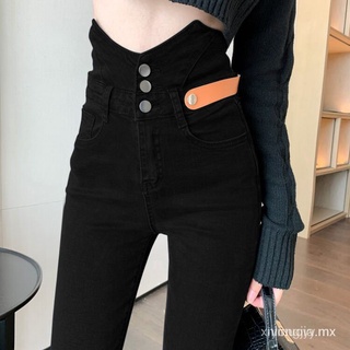 🙌 Primavera nuevo Ultra alta cintura negro estiramiento recortado pantalones vaqueros de moda personalizados y de aspecto delgado pantalones delgados de las mujeres dnqd