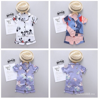YL🔥Stock listo🔥Bebé niños niñas de dibujos animados impresión trajes conjunto de manga corta blusa Tops+pantalones cortos ropa de dormir pijamas bayi