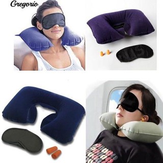 inflable viaje vuelo almohada cuello u resto cojín de aire+máscara de ojos + tapón de oído