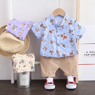 Niño terno niño conjunto de ropa de niños de dibujos animados cuello traje de los niños de manga corta traje de algodón camisa pantalones cortos