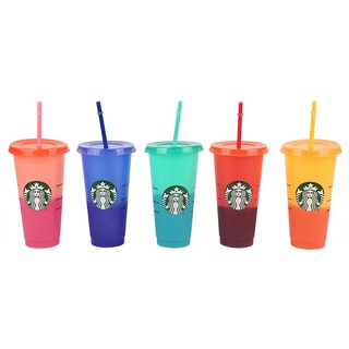 Vasos fríos reutilizables Starbucks cambiantes de Color vaso de plástico con tapa taza de plástico reutilizable 24 oz colección de verano [weer]