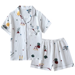 100% algodón crepe de manga corta y pantalones cortos Pijamas conjunto Baju Tidur Wanita Floral Pijamas mujeres ropa de dormir Pijamas pareja Pijamas