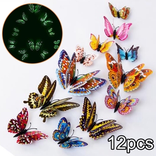 12 pzs stickers 3d luminosos de pared mariposa doble capa para el hogar pegatinas decorativas de pared