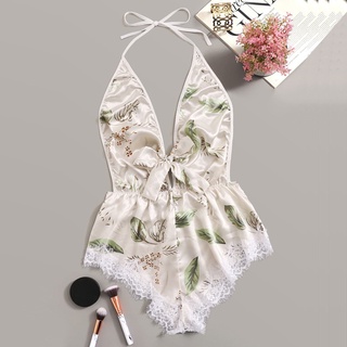 SHEIN^_^ Women Printing Lace Stain Bow Lingerie Bodysuit Backless Pajamas Silk Jumpsuit