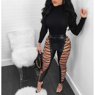 Hollow Out Lace Up Sexy Pencil Pants Women High Waist Bandage Pants Leggings PU Leather Party Club Sexy Pants Female